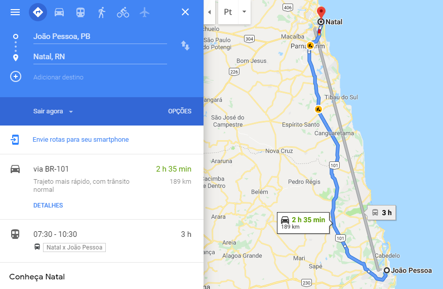 Distância João Pessoa a Natal